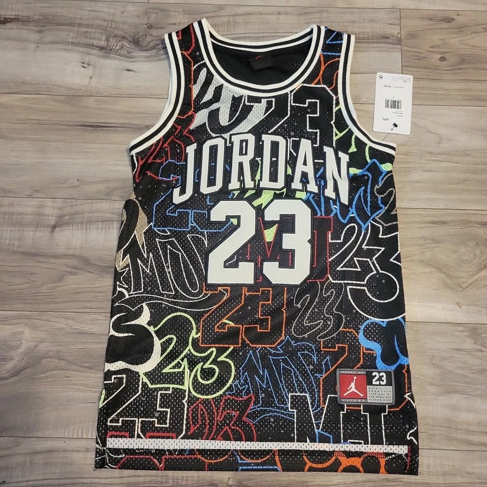 Michael Jordan #23 Jersey Boys Small Stitched‎ Black AOP Graphic Logo NEW